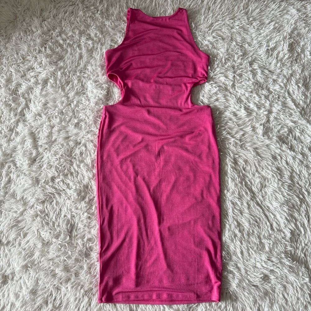 Bar III Barbiecore Pink Stretch Pencil Midi Dress with Cut Out Sides Size M - Picture 3 of 5